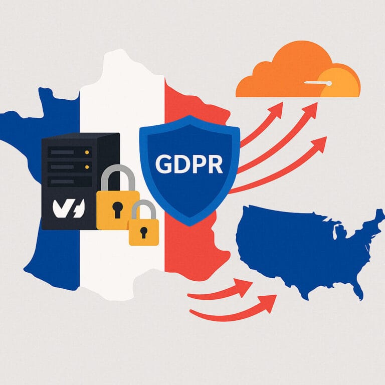 Illustration souverainetÃƒÆ’Ã†â€™Ãƒâ€šÃ‚Â© des donnÃƒÆ’Ã†â€™Ãƒâ€šÃ‚Â©es : serveurs sÃƒÆ’Ã†â€™Ãƒâ€šÃ‚Â©curisÃƒÆ’Ã†â€™Ãƒâ€šÃ‚Â©s en France, bouclier RGPD, flux de donnÃƒÆ’Ã†â€™Ãƒâ€šÃ‚Â©es vers les ÃƒÆ’Ã†â€™ÃƒÂ¢Ã¢â€šÂ¬Ã‚Â°tats-Unis via Cloudflare